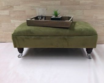 Large Footstool - Coffee Table - Bespoke Ottoman - Plush Velvet Warwick Fabric- Moss Green- Flat Topped Stool - Flat Upholstered Table