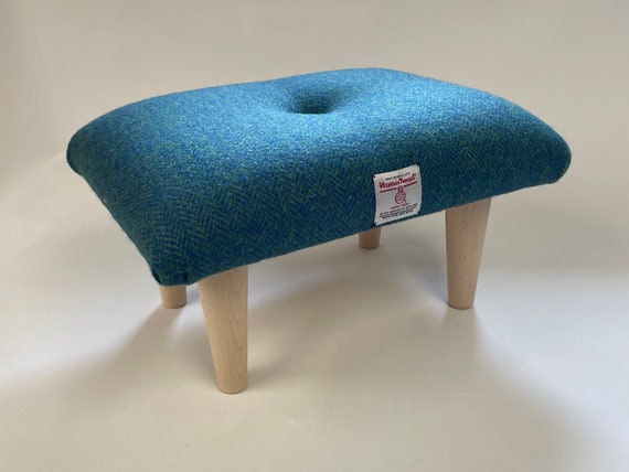 Teal Herringbone Footstool Blue Green Harris Tweed HB124 Small