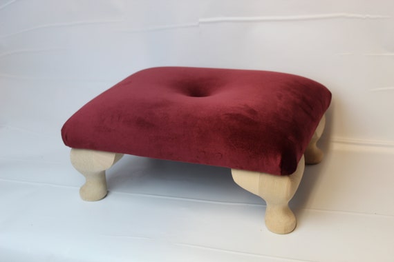 Low Queen Anne Footstool Pouffe Plush Velvet Burgundy Red Stool Foot Rest  Under Desk Foot Rest Small Buttoned Ottoman 