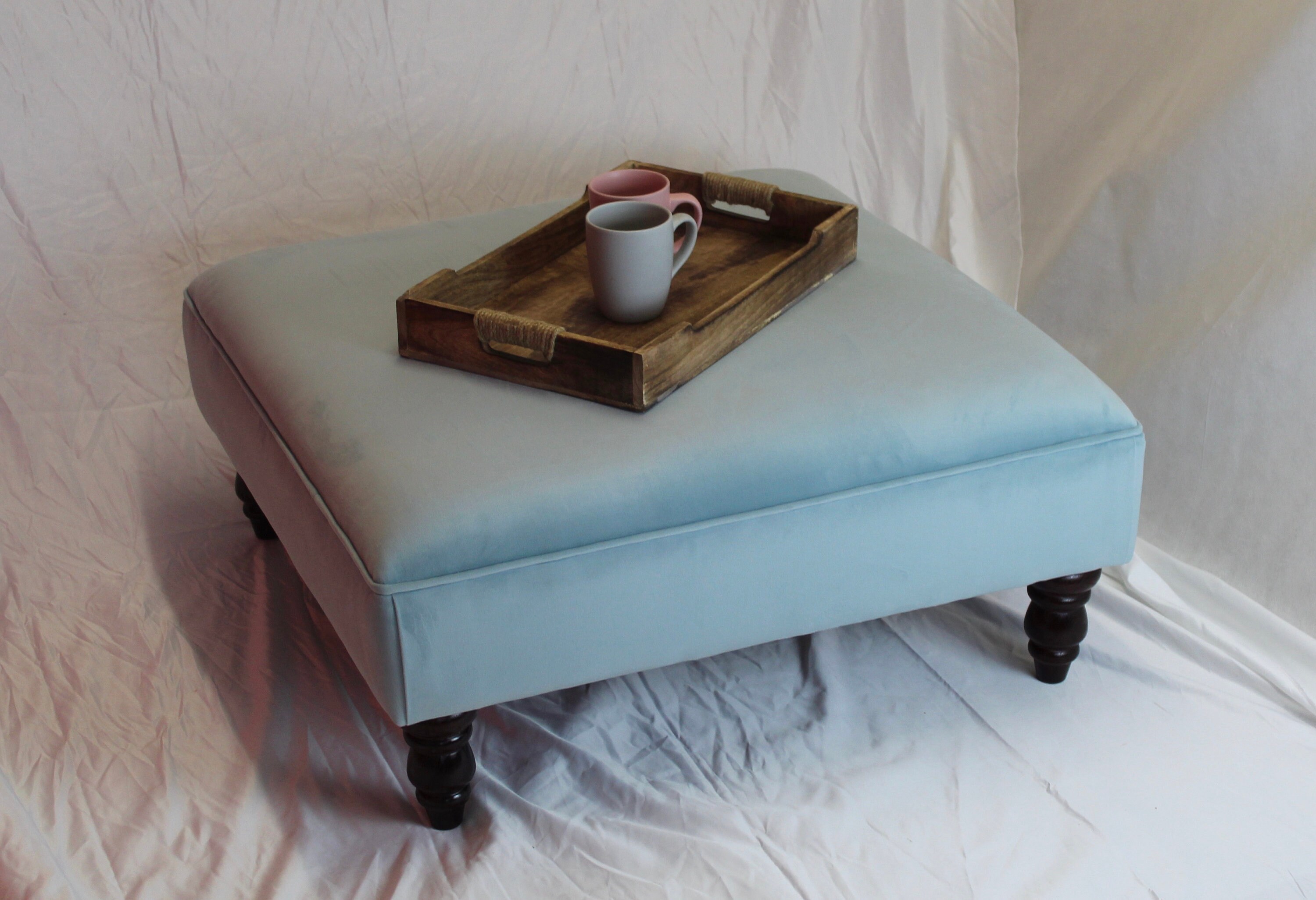 Extra Large Blue Ottoman Coffee Table Footstool Plush Velvet Sky