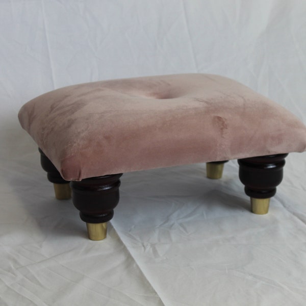 Low Footstool Pouffe - Plush Velvet Blush Pink Stool- Foot Rest - Under Desk Foot Rest - Small Buttoned Ottoman