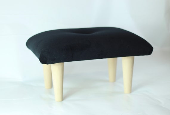 Small Buttoned Footstool Pouffe Plush Velvet Black Stool under