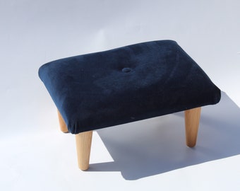 Small Buttoned Footstool Pouffe - Warwick Fabrics Plush Velvet indigo Navy Stool- Foot Rest - Under Desk Foot Rest - Small Ottoman