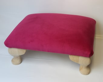 Low Queen Anne Footstool Pouffe -  Plush Velvet Peony Pink Stool- Foot Rest - Under Desk Foot Rest - Small Buttoned Ottoman