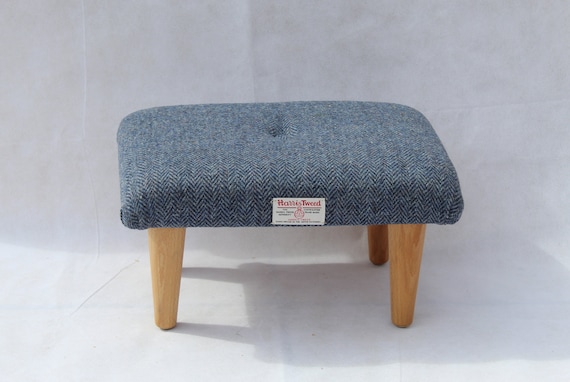 Navy Blue Herringbone Footstool Dark Blue Harris Tweed Small