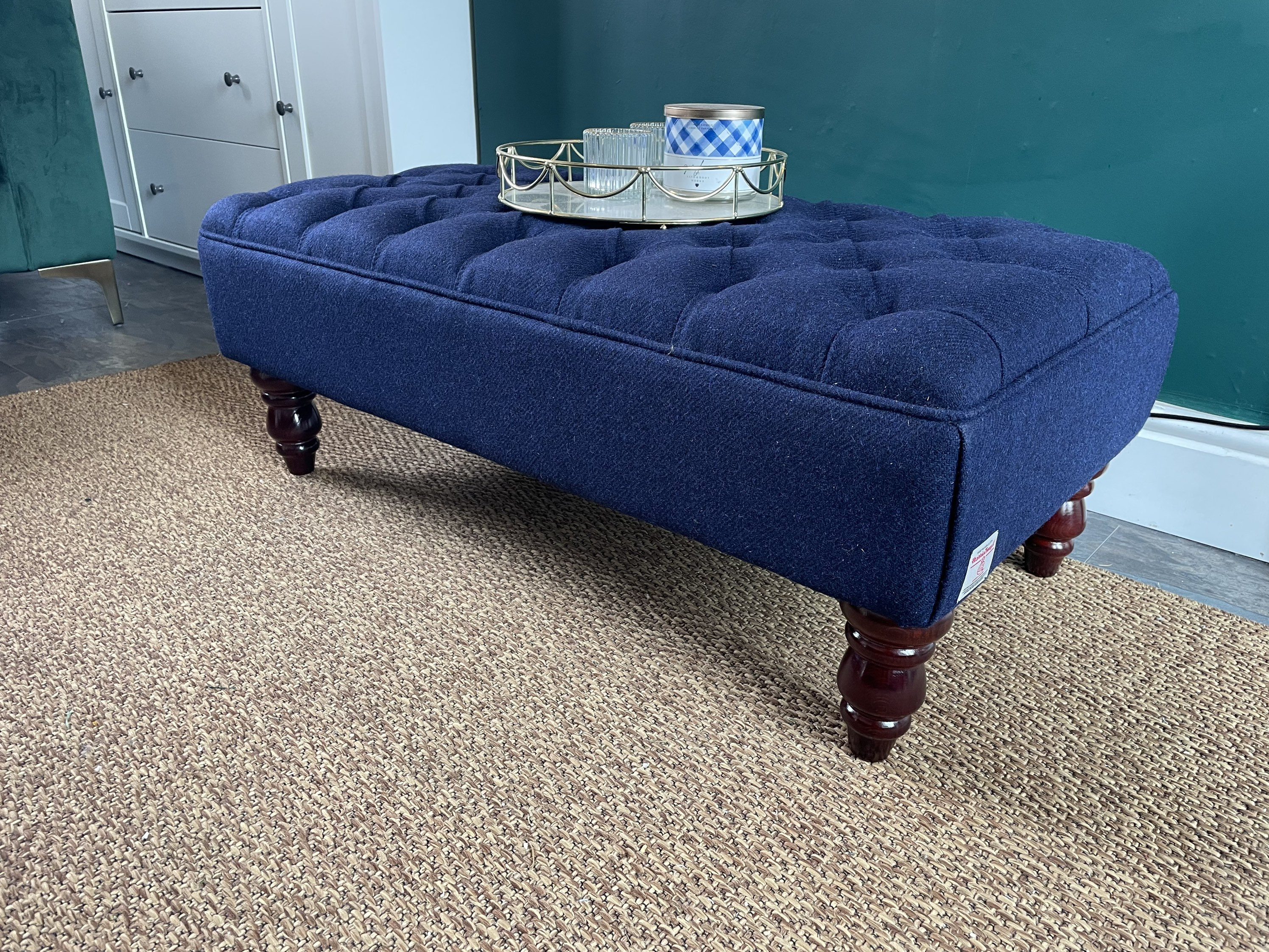 Navy Blue Harris Tweed Chesterfield Footstool Coffee Table UK Footstool 320 Ottoman Handmade Furniture Herringbone Buttoned Stool Etsy