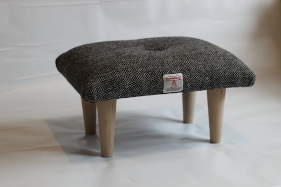 Small Herringbone Tweed Buttoned Stool Harris Tweed HB1 Charcoal