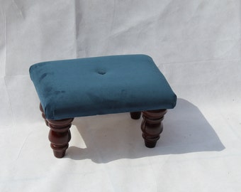 Low Footstool Pouffe - Warwick Fabrics Plush Velvet Teal Stool- Foot Rest - Under Desk Foot Rest - Small Buttoned Ottoman