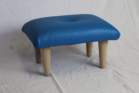 Small Buttoned Footstool Pouffe Marine Blue Vinyl Mini Stool Under