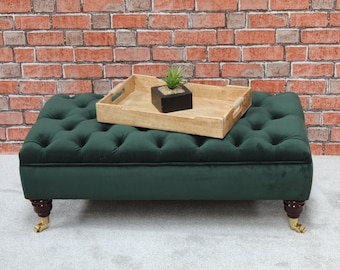 Large Bespoke Ottoman- Footstool - Coffee Table - Plush Velvet Warwick Fabric- Hunter Green-  Chesterfield -Deep Buttoned Stool