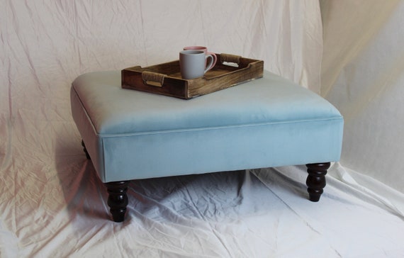 Extra Large Blue Ottoman Coffee Table Footstool Plush Velvet Sky