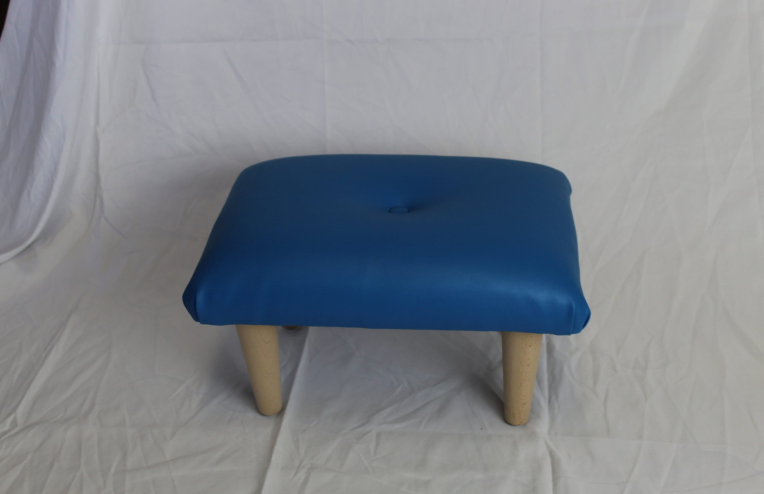 Small Buttoned Footstool Pouffe Marine Blue Vinyl Mini Stool Under