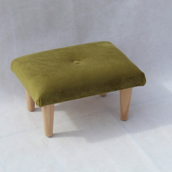 Small Buttoned Footstool Pouffe - Warwick Fabrics Plush Velvet Moss Green Stool- Foot Rest - Under Desk Foot Rest - Small Ottoman