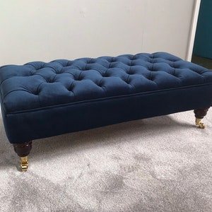 Large Bespoke Indigo Navy Footstool - Coffee Table Ottoman - Plush Velvet Warwick Fabric- Various Colours - Chesterfield Deep Buttoned Stool