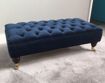 Large Bespoke Indigo Navy Footstool - Coffee Table Ottoman - Plush Velvet Warwick Fabric- Various Colours - Chesterfield Deep Buttoned Stool