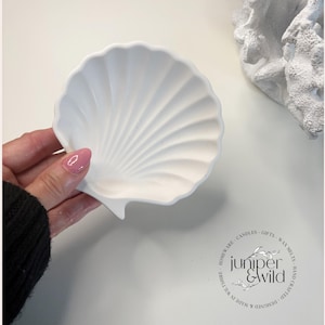 May include: A white ceramic seashell dish. The dish is shaped like a seashell with a smooth, rounded surface. The dish is ideal for holding small items, such as jewellery or keys.