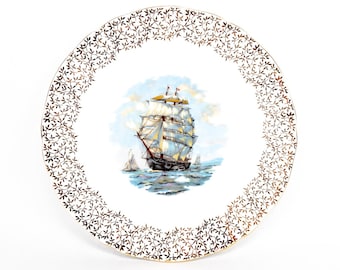 Stunning Adderley Porcelain Plate with Gold Pattern and Sailing Boat Design England Bone China
