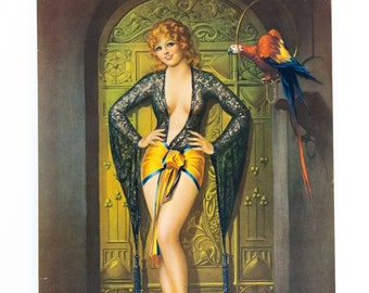 1936 MISS GLORY Original Lithograph by Gene Pressler Red-Head Pinup & Parrot Art Deco Print 8"x10"