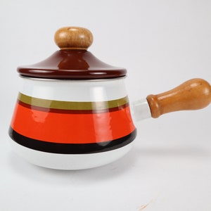 RETRO Mint Condition Lefcoware Fondue Pot Enamelled Saucepan 70's Wooden Handle Made in Japan FREE SHIPPING image 1