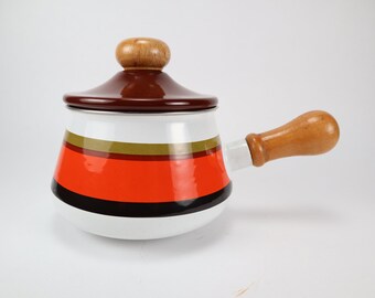 RETRO Mint Condition Lefcoware Fondue Pot Enamelled Saucepan 70's Wooden Handle Made in Japan FREE SHIPPING