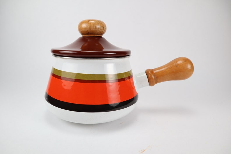 RETRO Mint Condition Lefcoware Fondue Pot Enamelled Saucepan 70's Wooden Handle Made in Japan FREE SHIPPING image 1