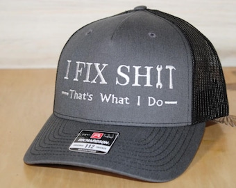 Blue Collar I Fix Shit Embroidered Hat (Charcoal / Black hat)