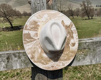 Cream Western Rancher Hat with Vintage Donkey Scenic Print | Boho Cowgirl Hat | Wide Brim Western Hat | Country Concert Hat