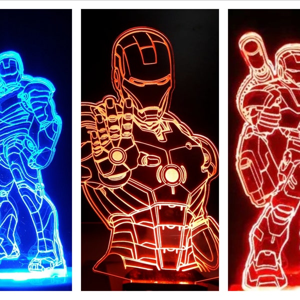 Ensemble de 3 Ironman svg, vecteur de lampe acrylique illusion 3D, fichier vectoriel de lampe de nuit 3D pour cnc et gravure laser, dxf, cdr, Ai, Svg, png et jpg