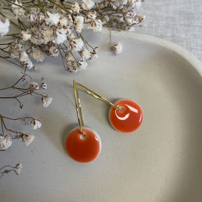 Handmade earrings Handmade bright orange mini ceramic hoop circle earrings image 2