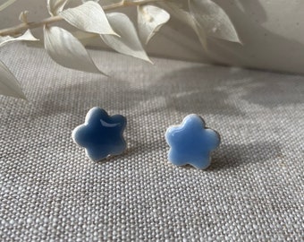 Small Blue Ceramic Forget-Me-Not Stud Earrings - Handcrafted Floral Jewelry, Botanical Nature Inspired, Dainty Blue Earrings