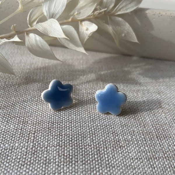 Small Blue Ceramic Forget-Me-Not Stud Earrings - Handcrafted Floral Jewelry, Botanical Nature Inspired, Dainty Blue Earrings