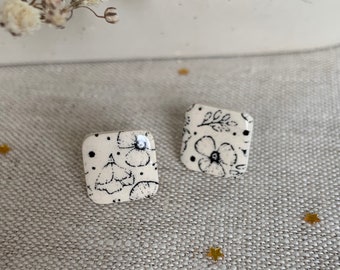 Unique Black Floral Ceramic Stud Earrings - Delft Style Design, Handmade square Pottery Studs, Vintage Inspired, Artisan handmade clay