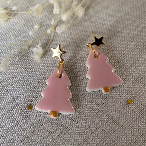 Baby pink Ceramic Christmas Tree Earrings - Handcrafted Clay Novelty Xmas Jewelry