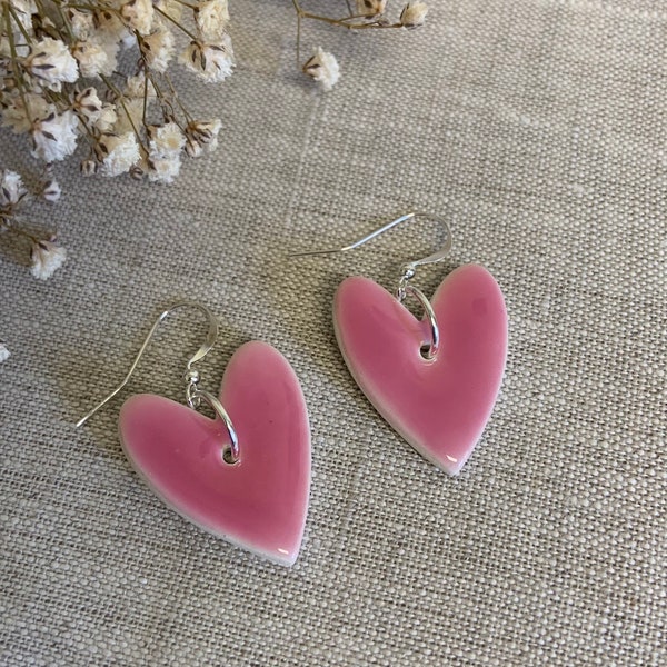 Handmade earrings Clay earrings, Handmade ceramic earrings, pink heart , silver plated, silver hook earrings, bright