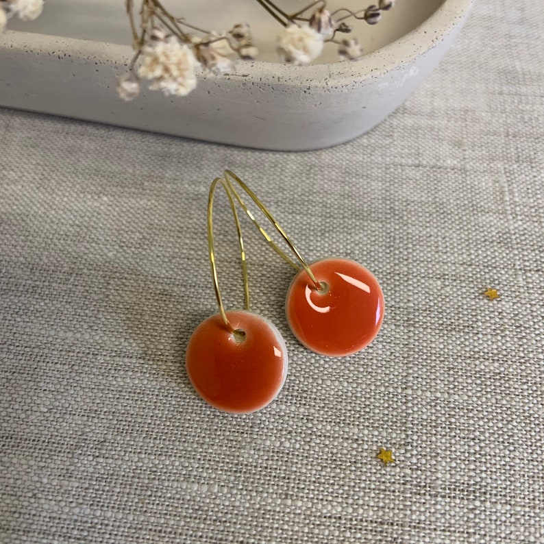 Handmade earrings Handmade bright orange mini ceramic hoop circle earrings image 5