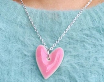 Heart necklace, baby pink, ceramic necklace , statement necklace, boho jewellery, silver plated 20” chain