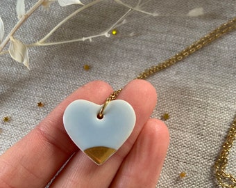 Pastel Ceramic heart necklace, clay necklace, light blue heart necklace, 24 karat gold lustre, 17 inch stainless steel chain, gold
