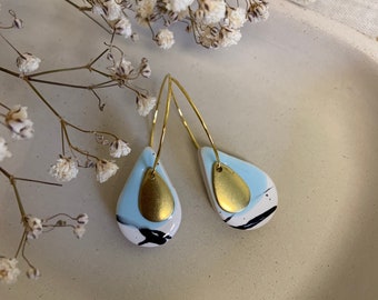 Handmade earrings Ceramic teardrop earrings, clay earrings, baby blue, dangle, Gold plated ear wires