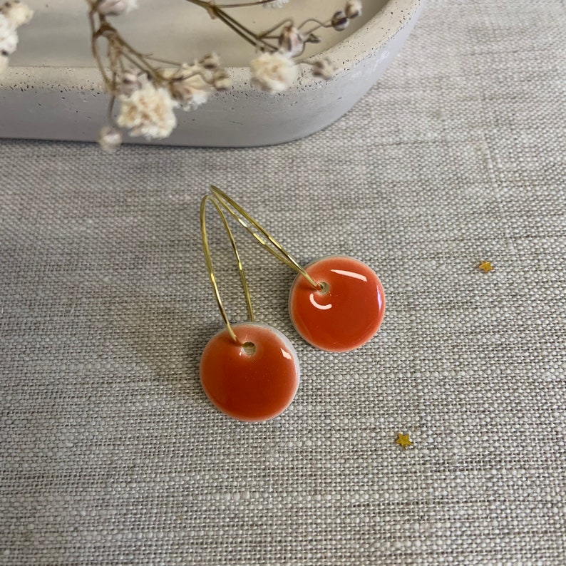 Handmade earrings Handmade bright orange mini ceramic hoop circle earrings image 4