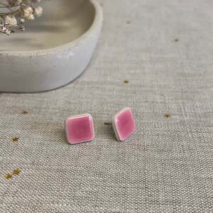 Small square earrings, ceramic stud earrings, bright pink , clay earrings, geometric, handmade earrings image 8