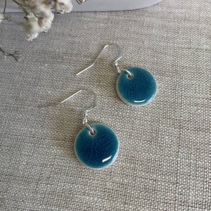 Handmade turquoise green blue mini ceramic silver hook circle earrings image 4