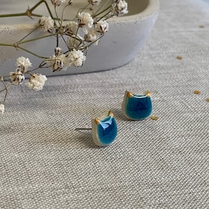 Handmade Ceramic Cat Stud Earrings: Turquoise & Gold