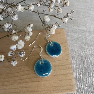 Handmade turquoise green blue mini ceramic silver hook circle earrings image 1