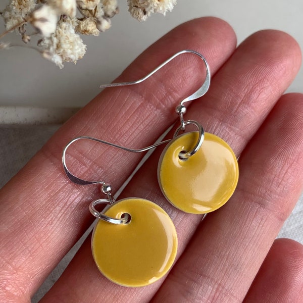 Handmade earrings Handmade mustard yellow mini ceramic circle earrings wedding bridesmaid dot earrings clay earrings silver plated