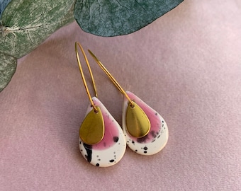 Pink Speckled Clay Dangle Earrings: Gold Plated Teardrop Ceramic