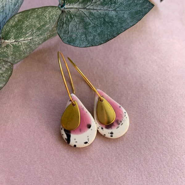 Clay earrings Bright pink earrings, Ceramic earrings, clay earrings, pink specked, dangle, Gold plated ear wires, teardrop bridesmaid