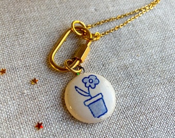 Handmade Ceramic Charm Necklace: Flower Pot Carabiner Charm Holder