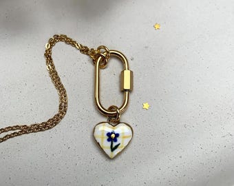 Handmade Ceramic Charm Necklace Carabiner Clasp blue flower heart necklace girlfriend gift