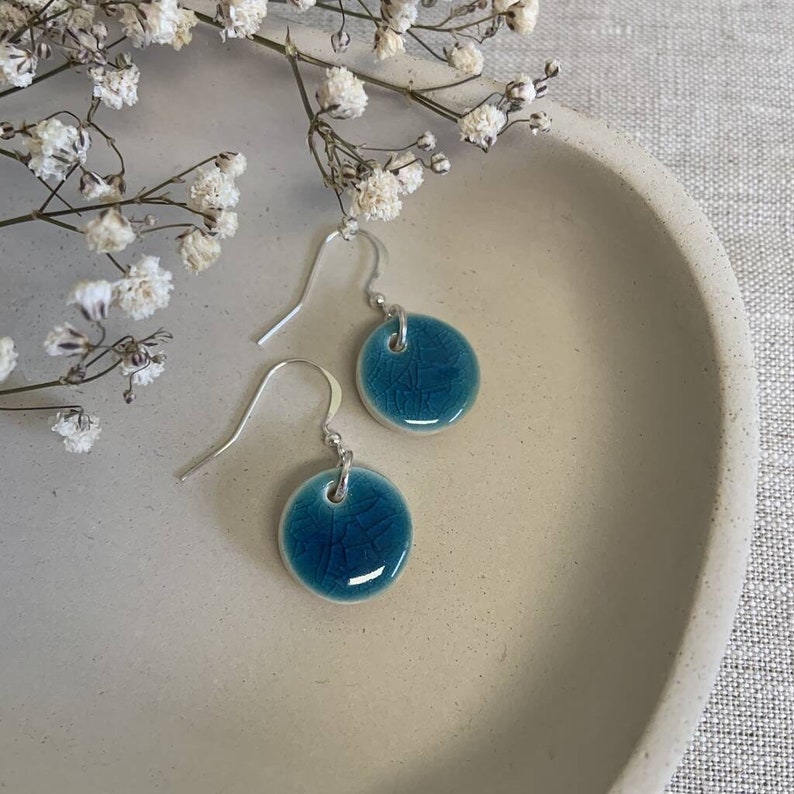 Handmade turquoise green blue mini ceramic silver hook circle earrings image 7