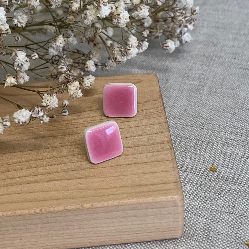 Small square earrings, ceramic stud earrings, bright pink , clay earrings, geometric, handmade earrings image 1